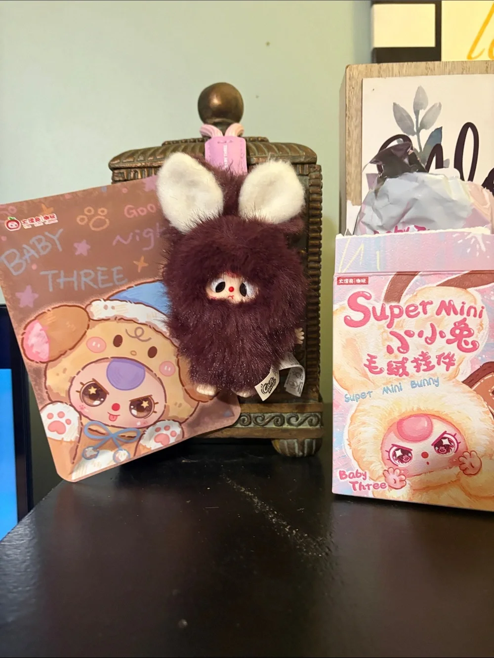 Adorable Baby Three Plush Bunny Keychain Burgundy FurIncludes Sanitary Wipes